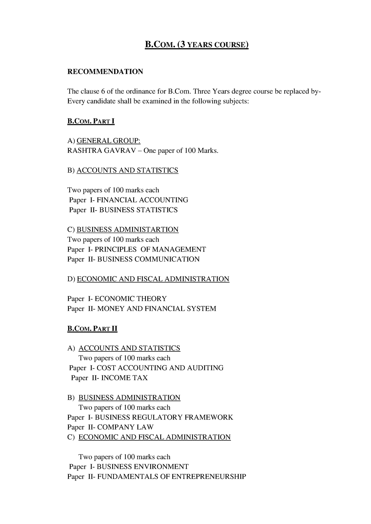 Bcom - B. (3 YEARS COURSE) RECOMMENDATION The Clause 6 Of The Ordinance ...