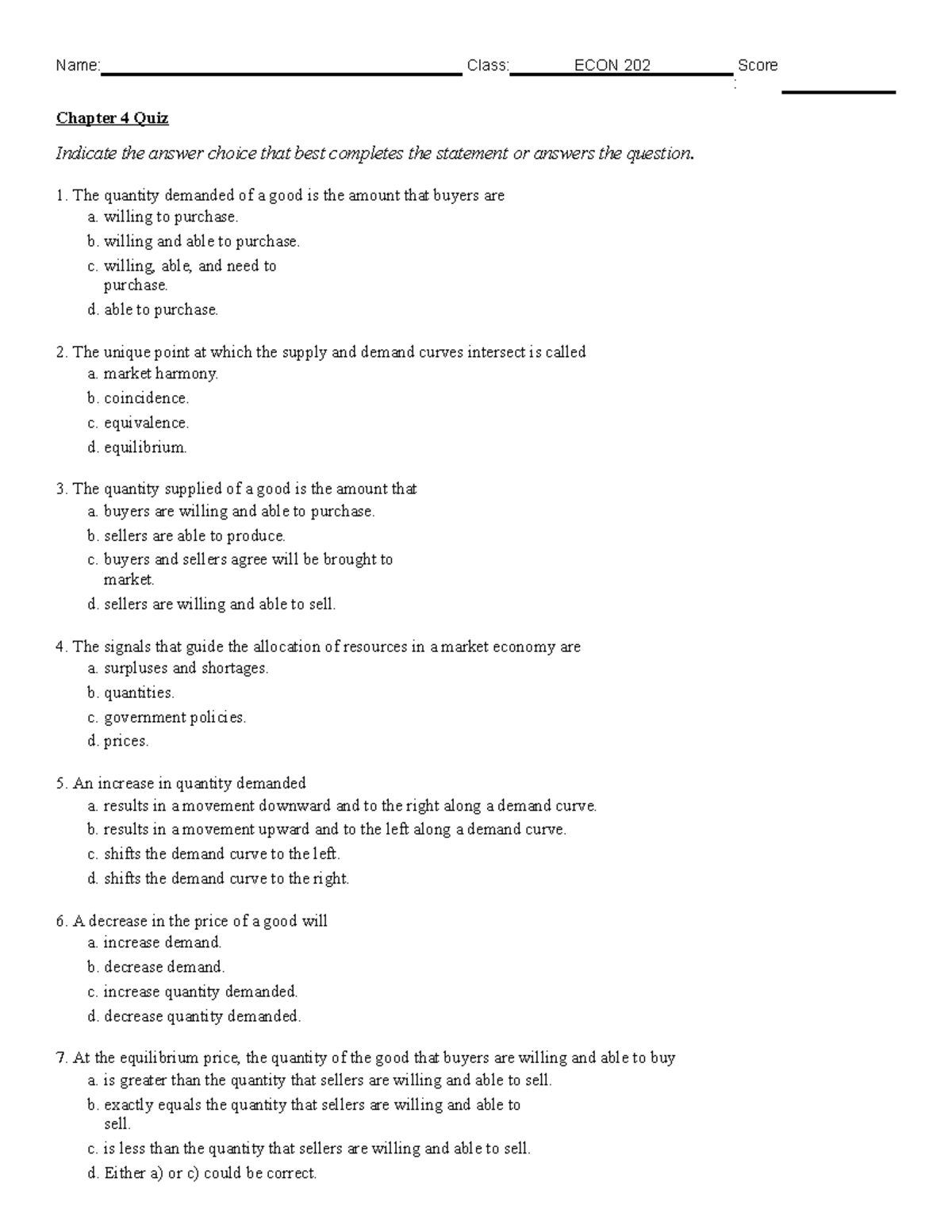 Chapter 4 - Practice Quizzes - Name: Class: ECON 202 Score : Chapter 4 ...