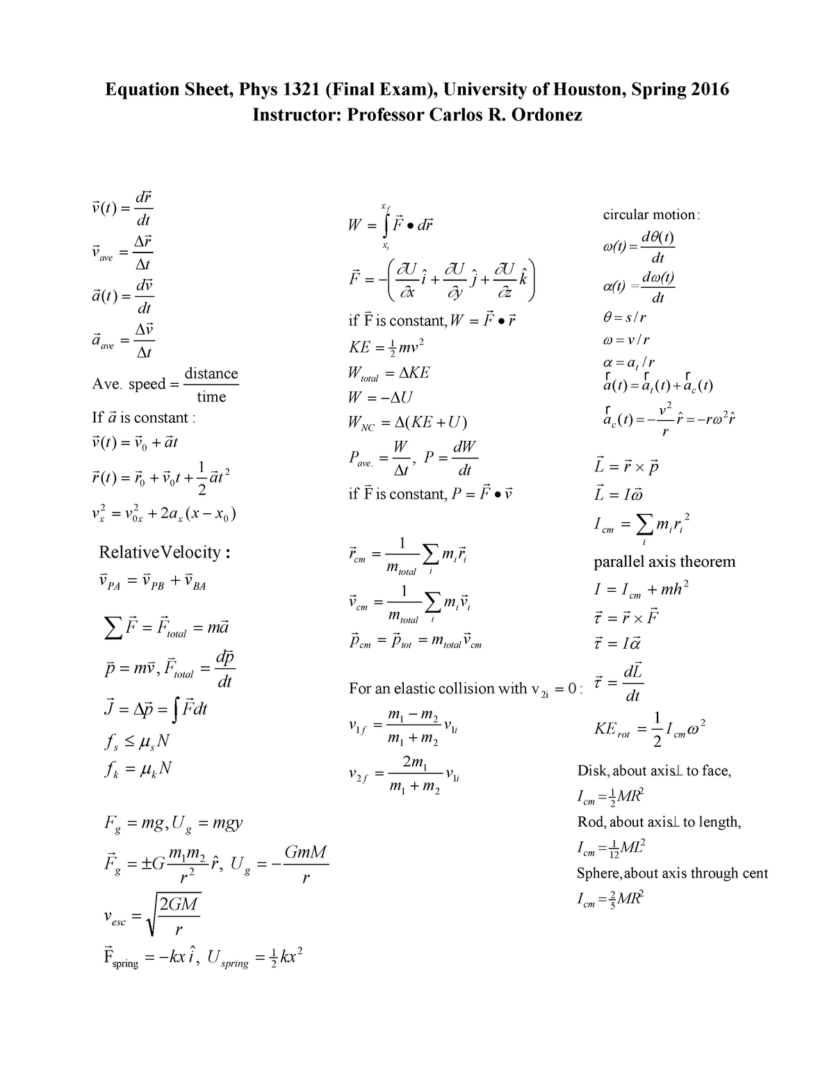 Uiuc physics 101 equation sheet - mresX