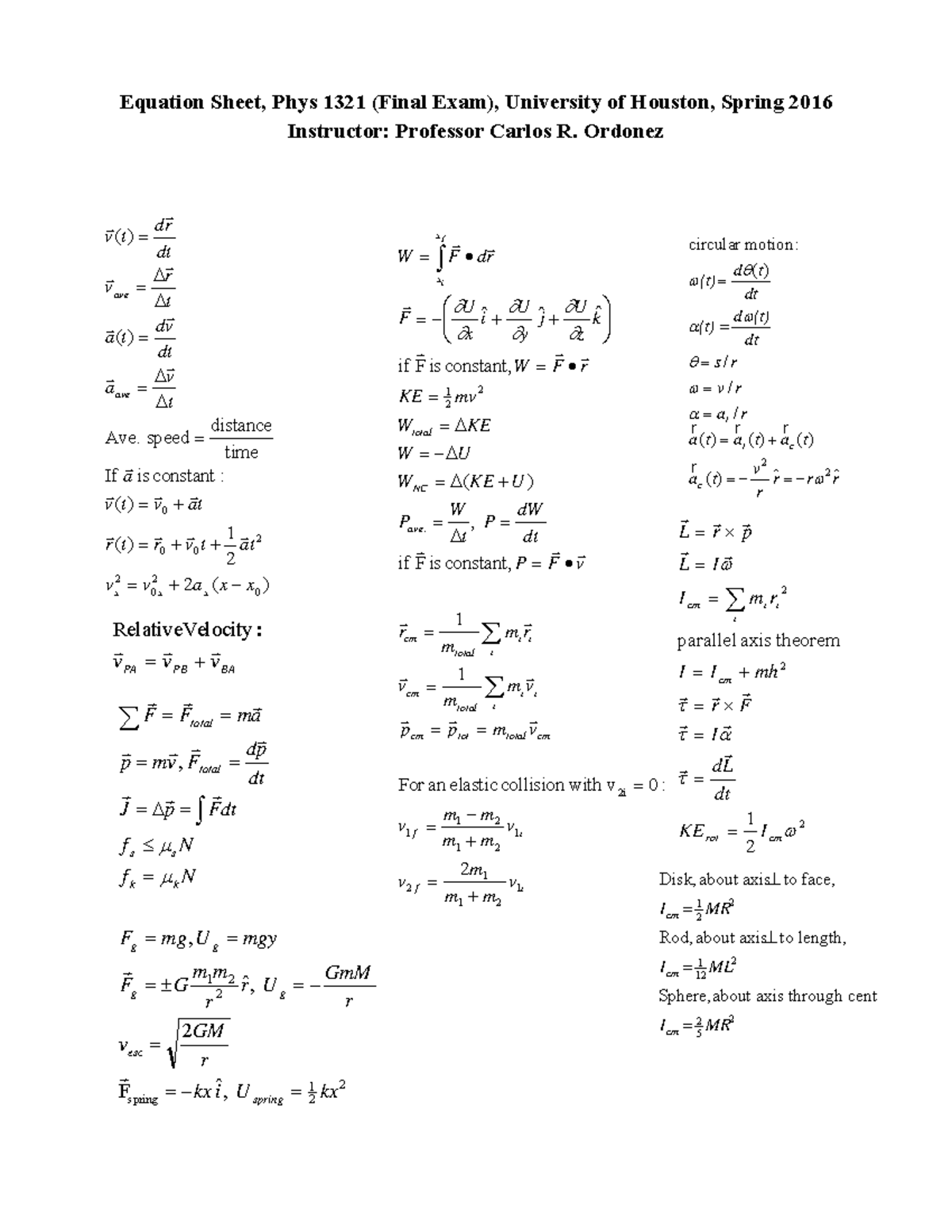 General Physics 1 Formula Sheet