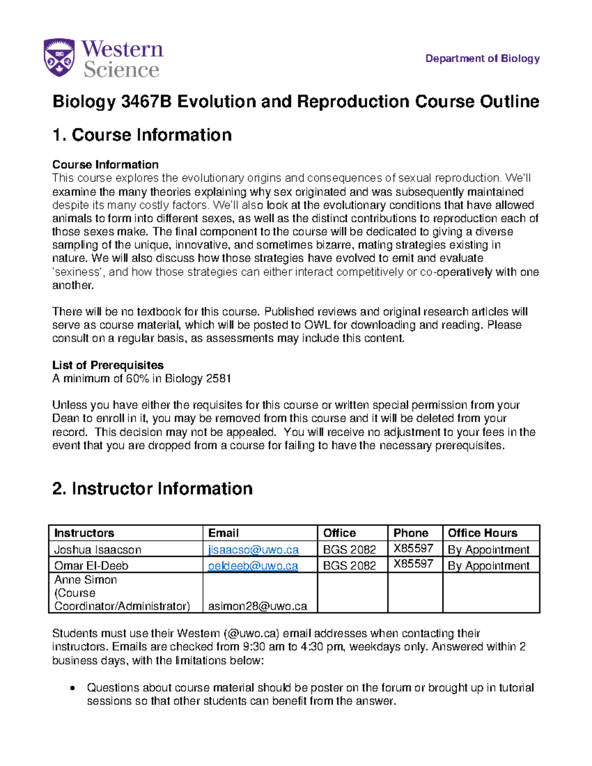 Course Outline B3467B 2022 - Department Of Biology Biology 3467B ...