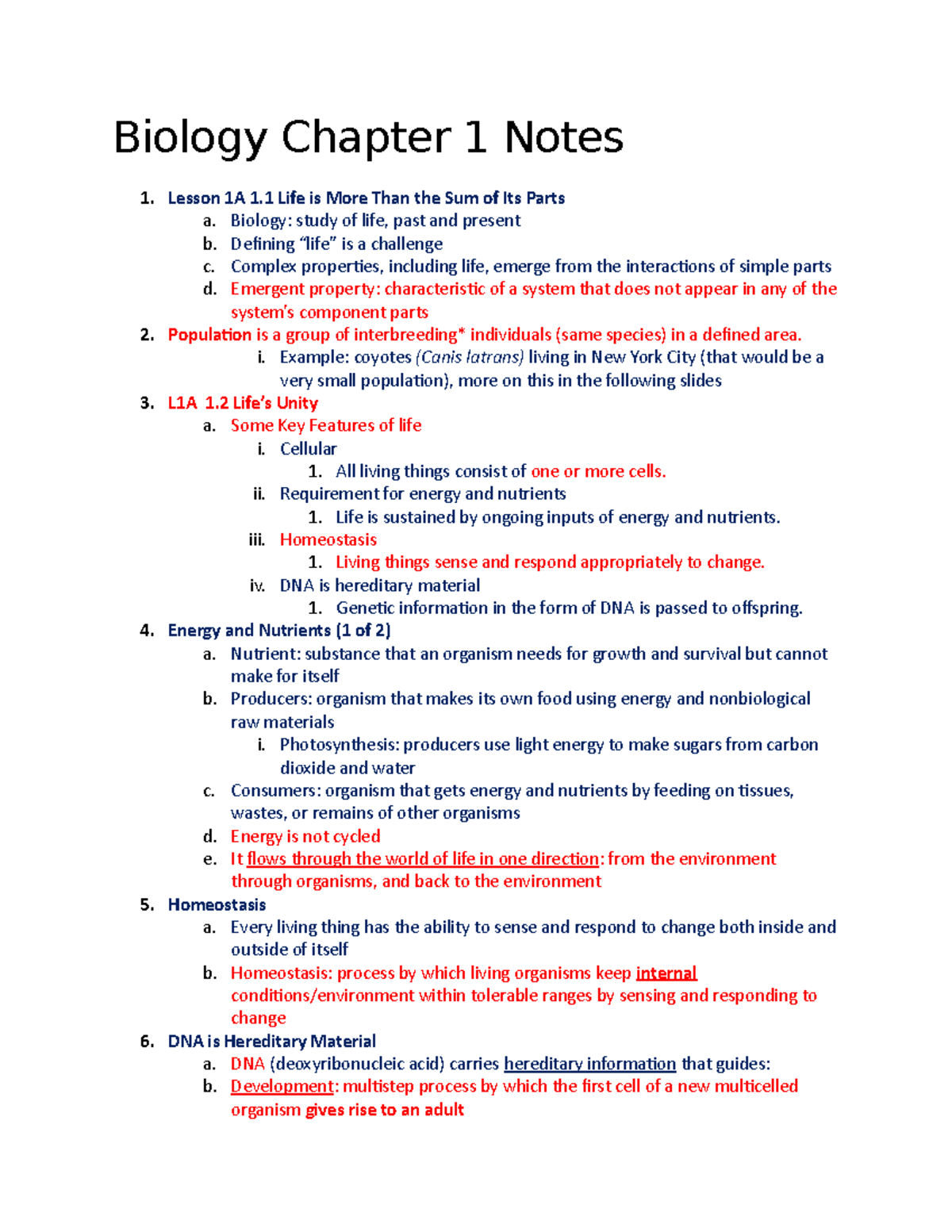 Biology Chapter 1 Notes - Biology Chapter 1 Notes 1. Lesson 1A 1 Life ...