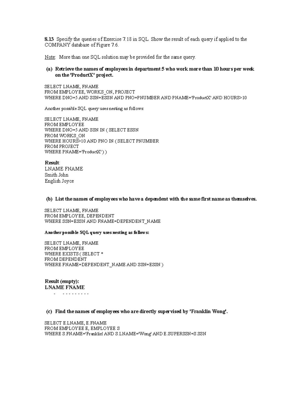 SQL Solutions 8 13 - SQL notes - 8 Specify the queries of Exercise 7 in ...