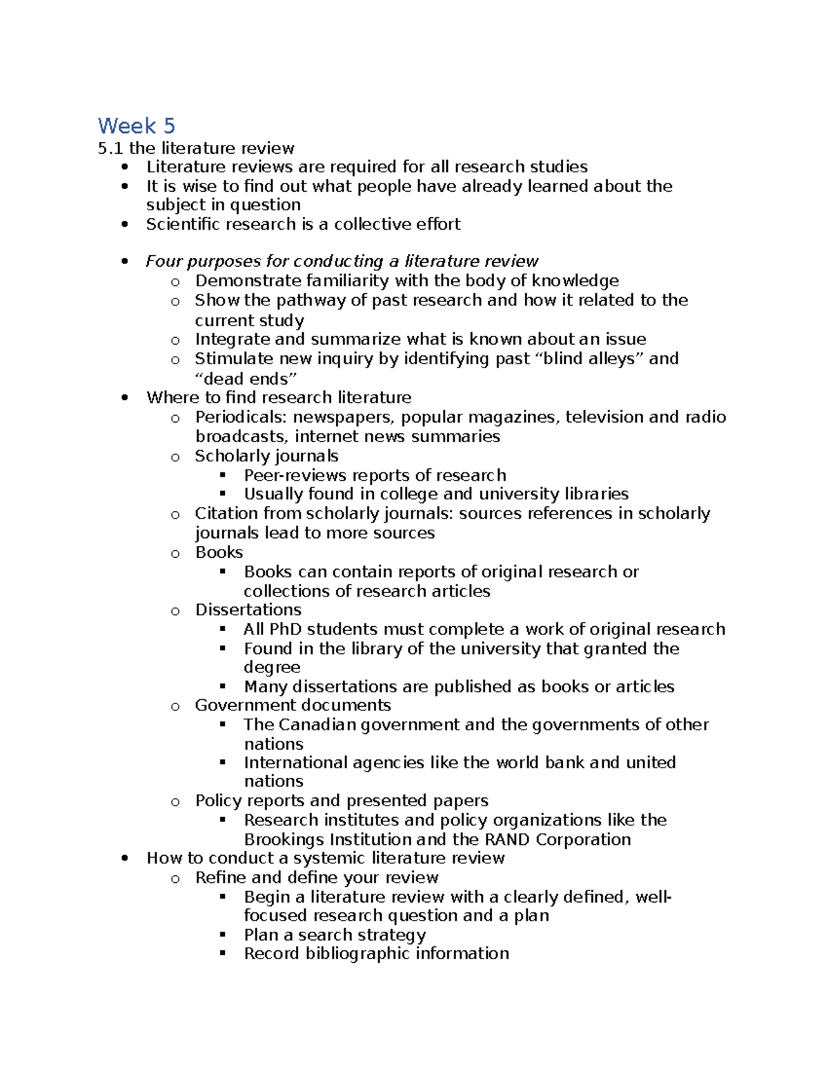 week 5 // chapter 6 notes - Week 5 5 the literature review Literature ...