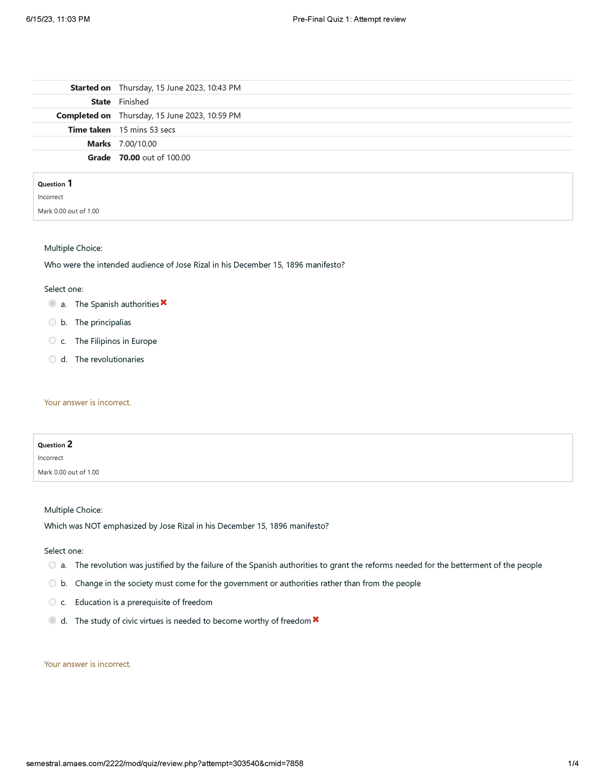 Pre-Final Quiz 1 Attempt review - Started on Thursday, 15 June 2023, 10 ...