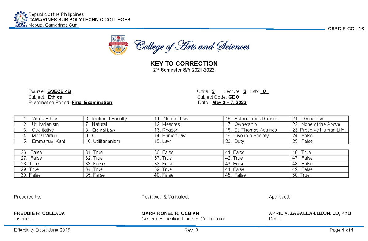 Key to Correction 2nd Sem AY 21-22 - CSPC-F-COL- CAMARINES SUR ...