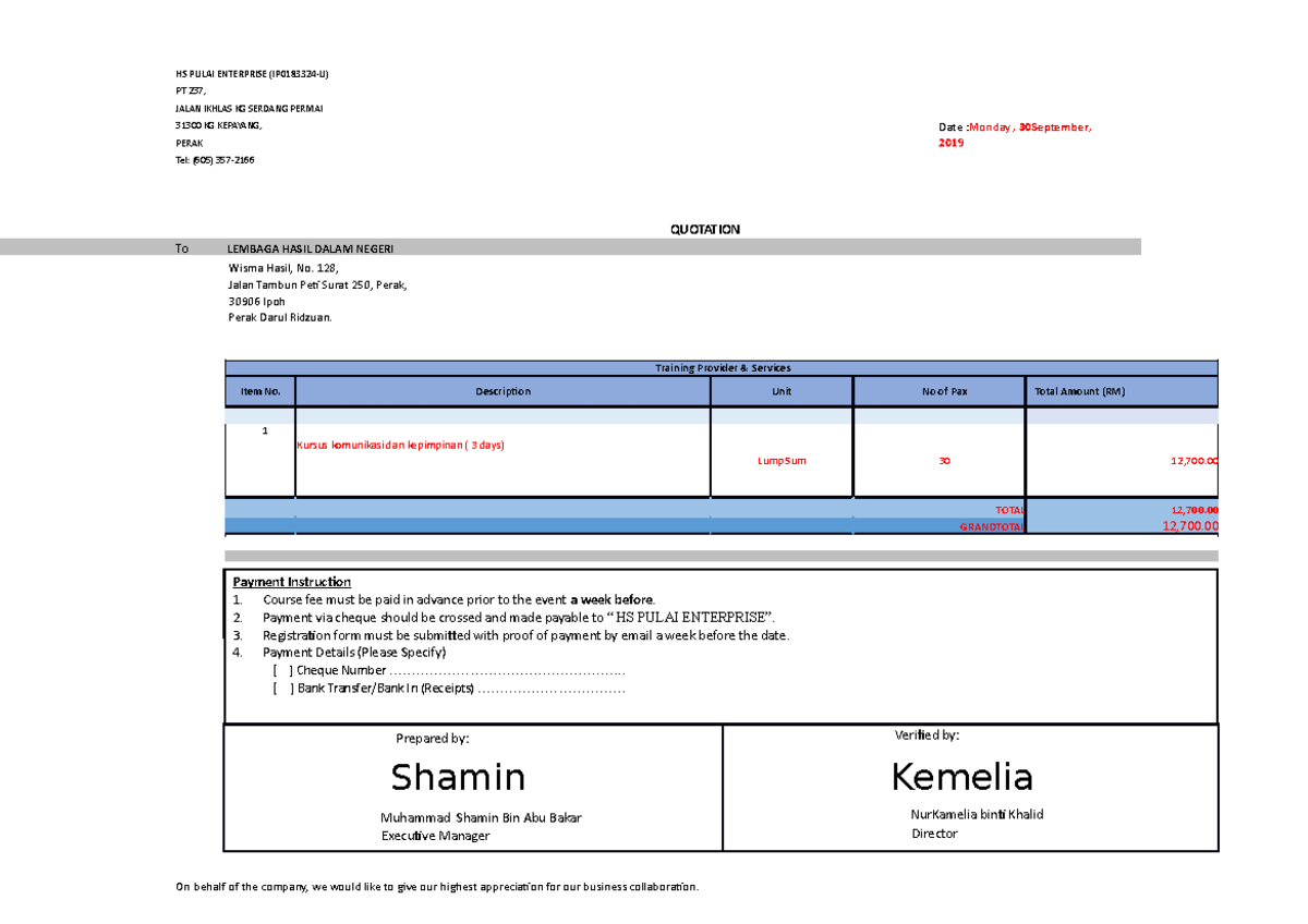 2.Dummy Quotation HS Pulai HS PULAI ENTERPRISE (IP0183324U) PT 237, JALAN IKHLAS KG SERDANG