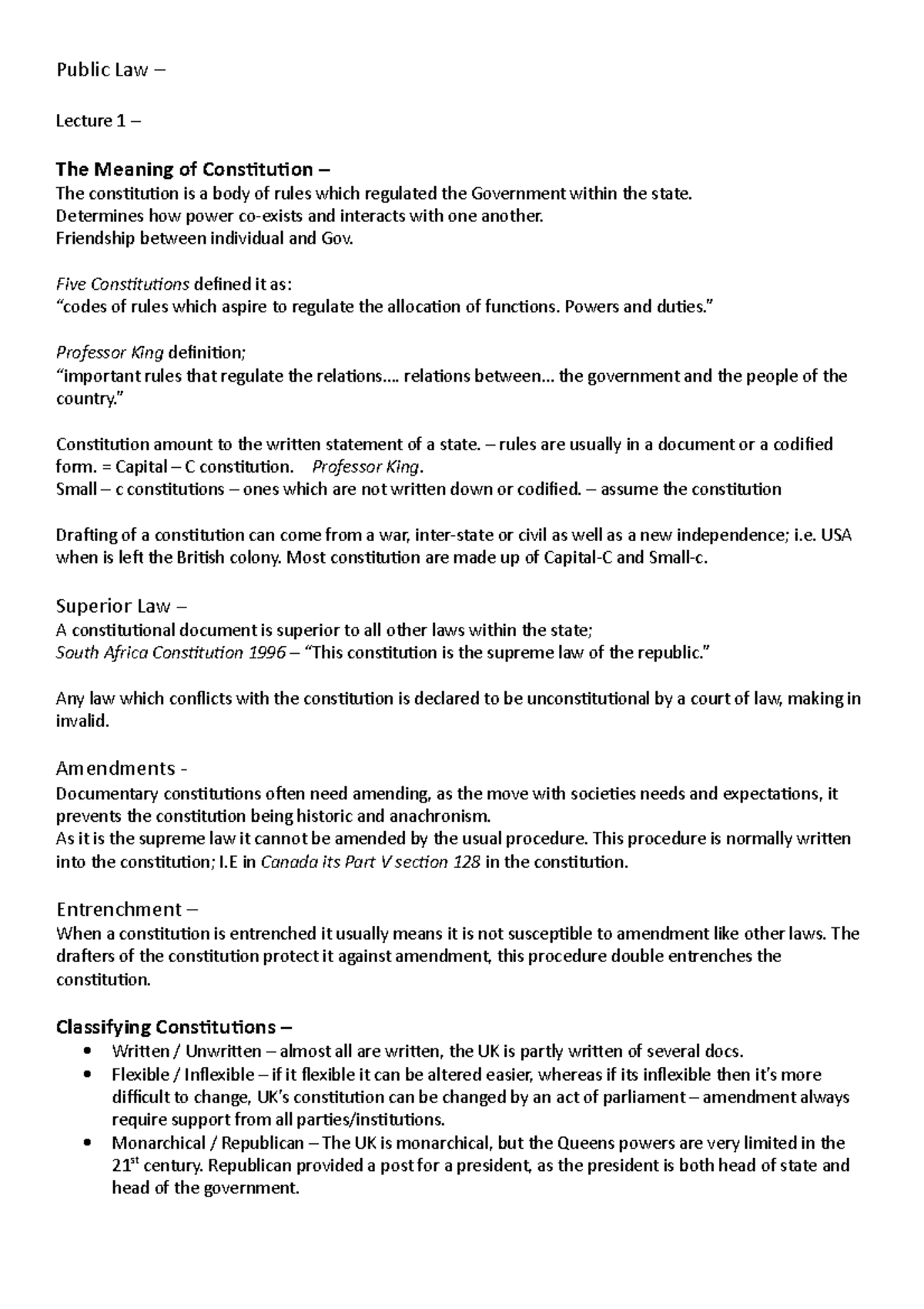 Public Law Notes - Public Law – Lecture 1 – The Meaning of Constitution ...