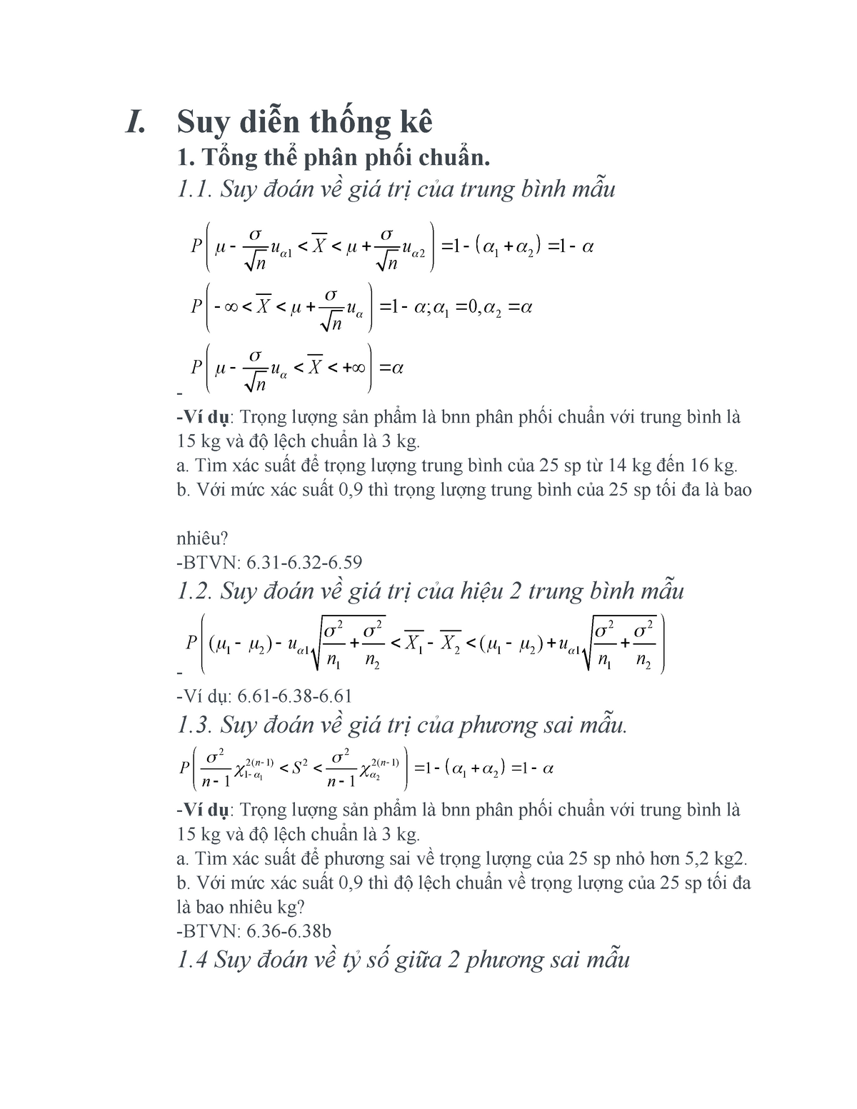 Bài Tập Tổng Hợp Thống Kê - I. Suy Diễn Thống Kê 1. Tổng Thể Phân Phối  Chuẩn. 1. Suy Đoán Về Giá Trị - Studocu