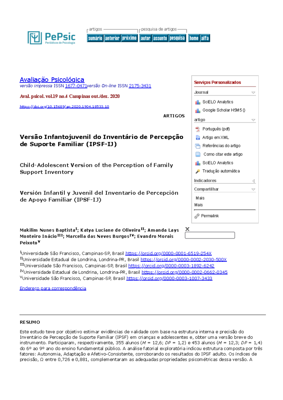 Versão Infantojuvenil do Inventário de Percepção de Suporte Familiar ...