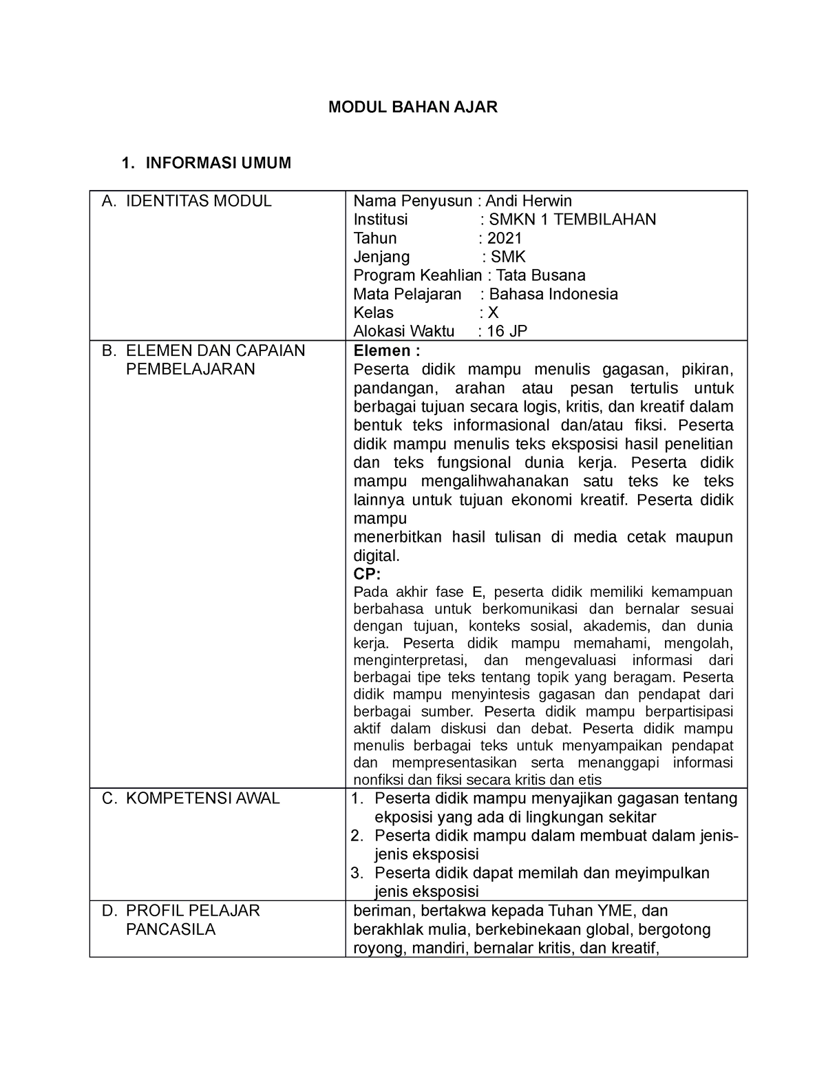 Modul Bahan AJAR ( Eksposisi) - MODUL BAHAN AJAR 1. INFORMASI UMUM A ...