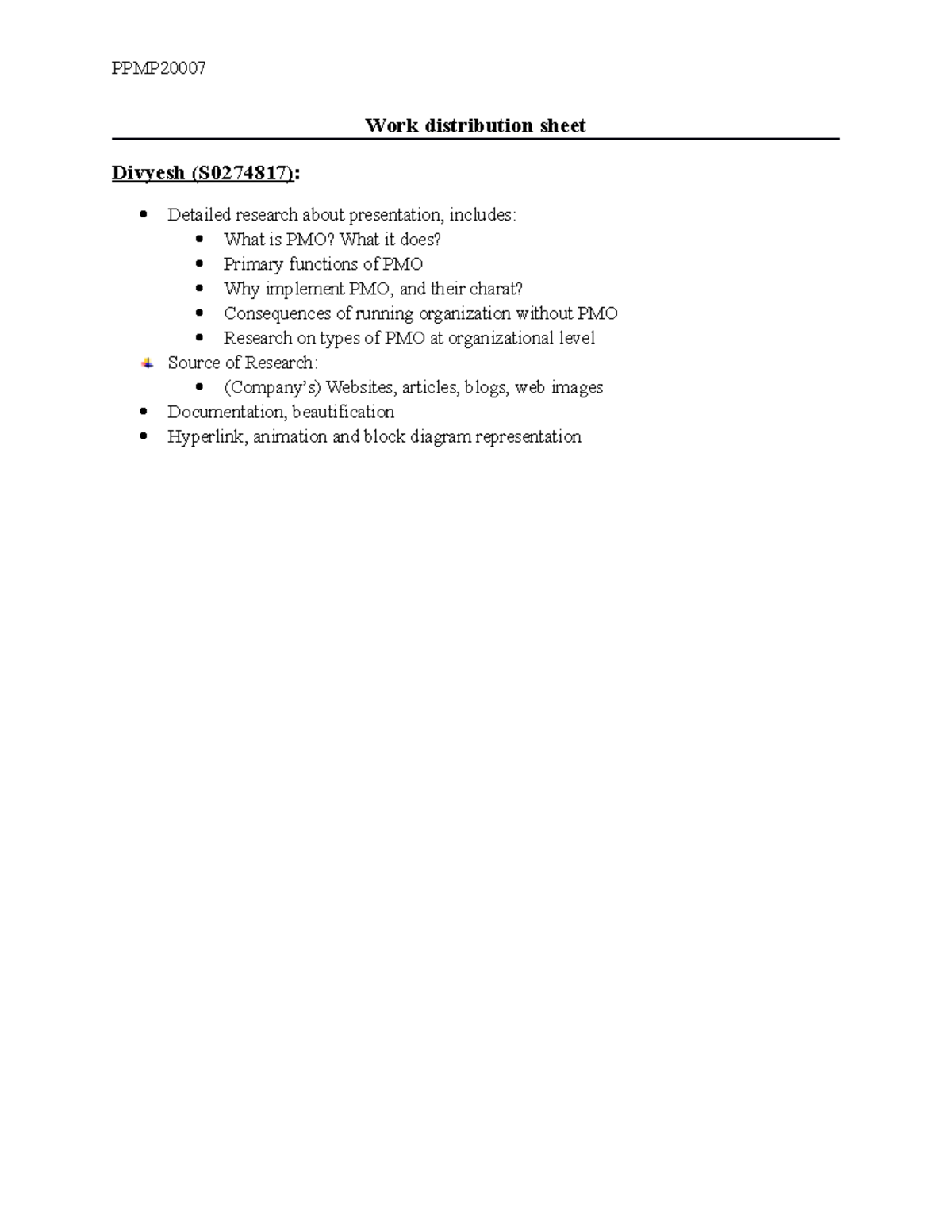 Work Contribution - assignment - PPMP Work distribution sheet Divyesh ...