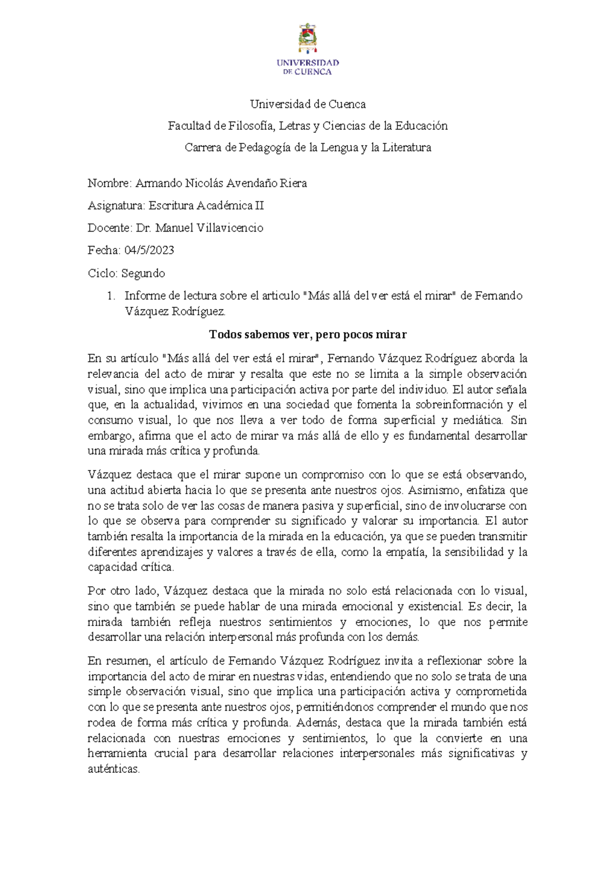 Informe DE Lectura Final - Universidad de Cuenca Facultad de Filosofía ...