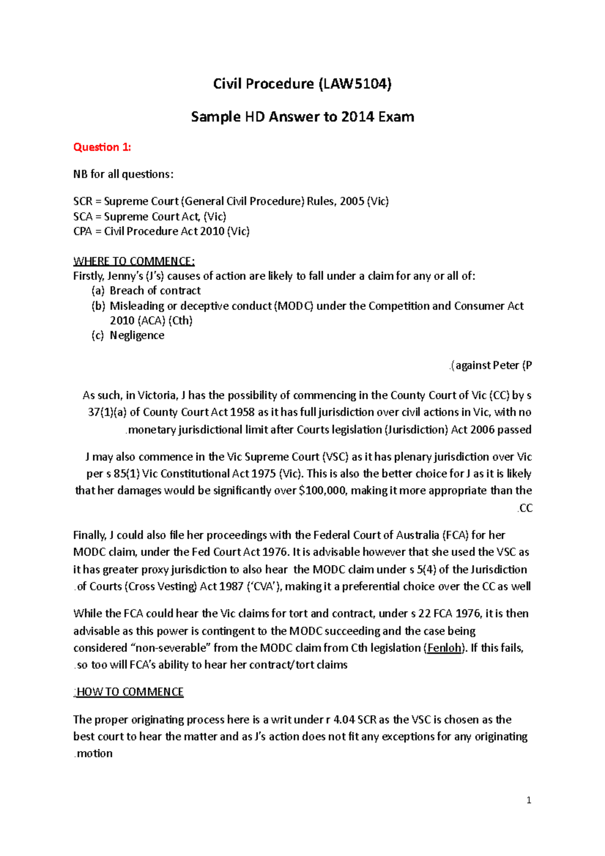 Civil HD answer 2014 - Civil Procedure (LAW5104) Sample HD Answer to ...