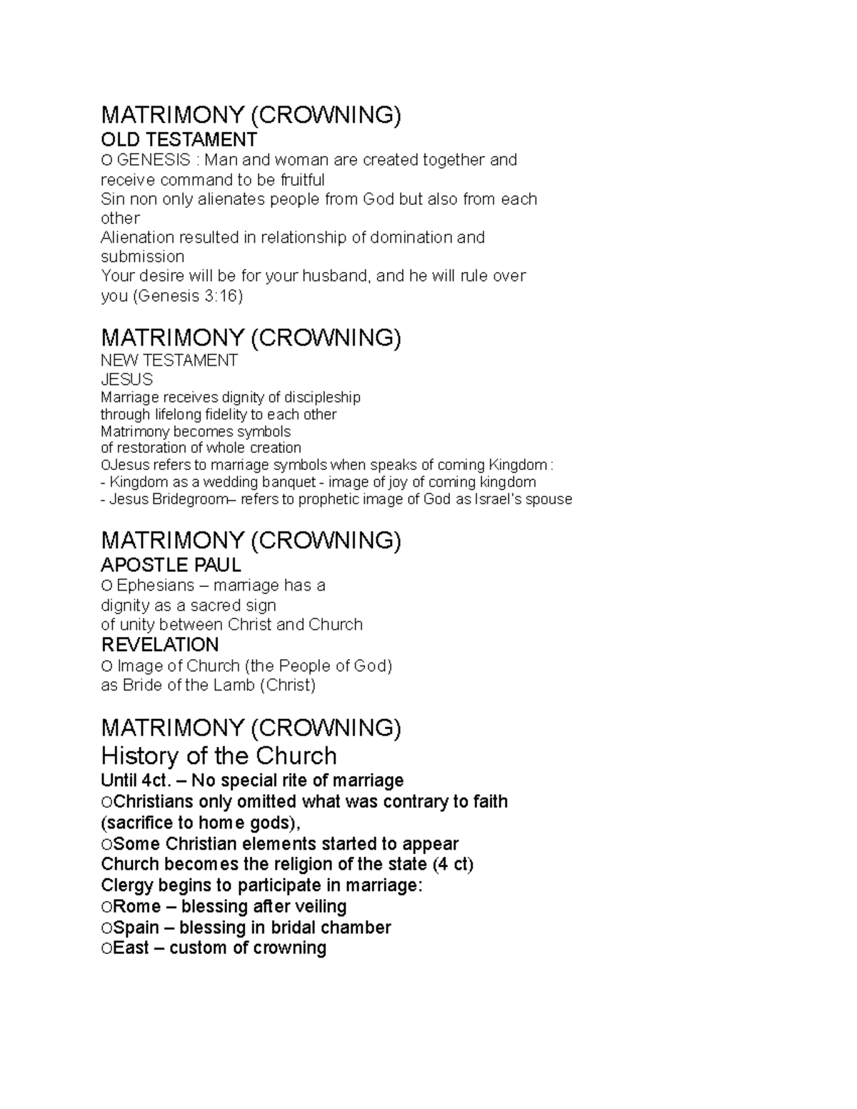Matrimony - lecture notes - MATRIMONY (CROWNING) OLD TESTAMENT O ...