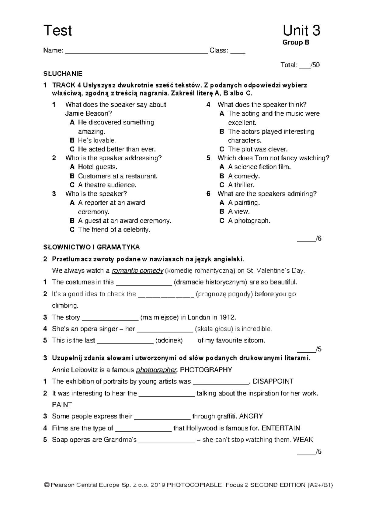 Focus 2 2ed Test Unit3 Group B 1kol - Group B Name