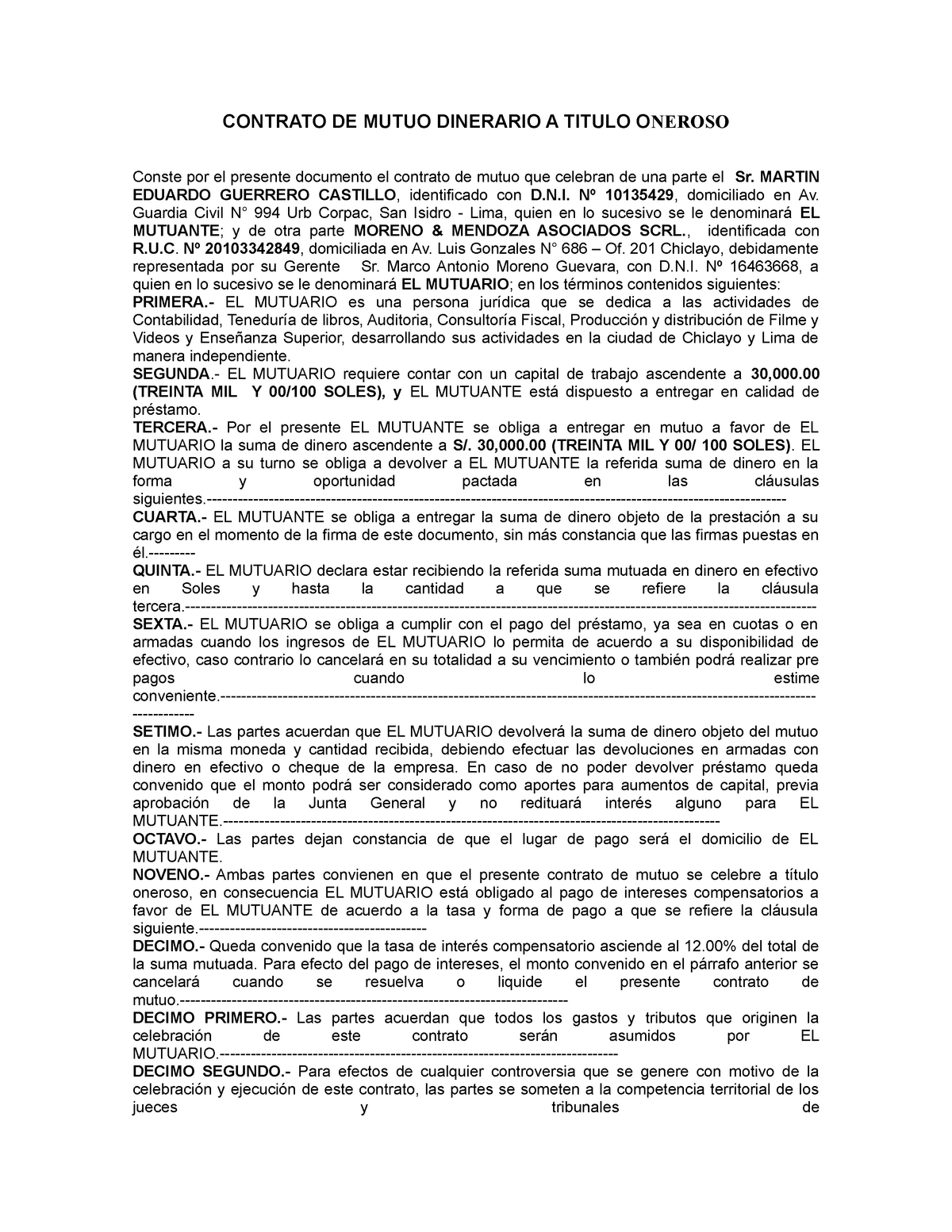 Contrato DE Mutuo Dinerario A Titulo Oneroso - CONTRATO DE MUTUO DINERARIO  A TITULO ONEROSO Conste - Studocu