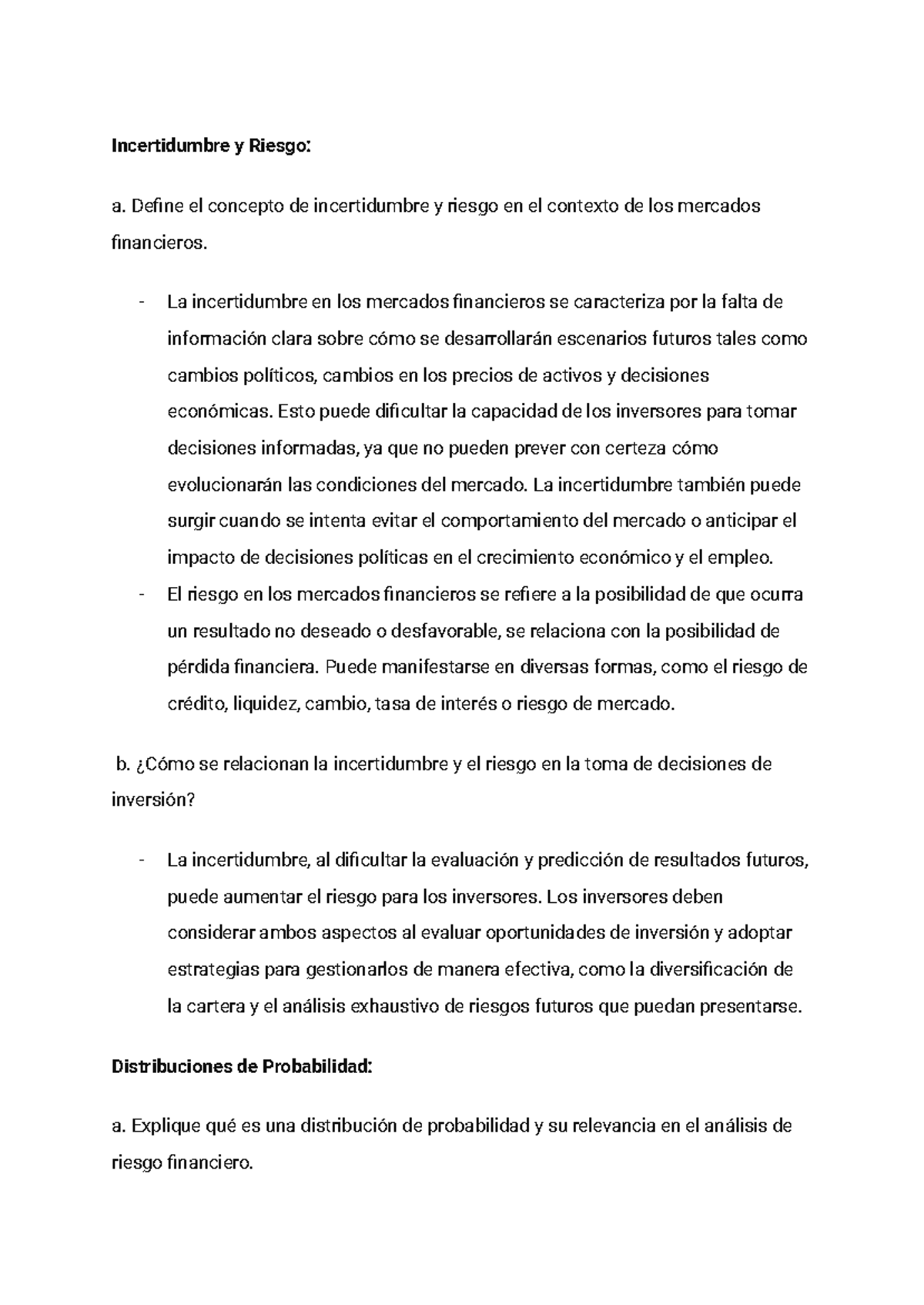 Documento sin título - Incertidumbre y Riesgo: a. Define el concepto de ...