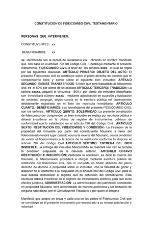 Fidecomiso-isabel - contrato - CONSTITUCION DE FIDEICOMISO CIVIL  TESTAMENTARIO PERSONAS QUE - Studocu