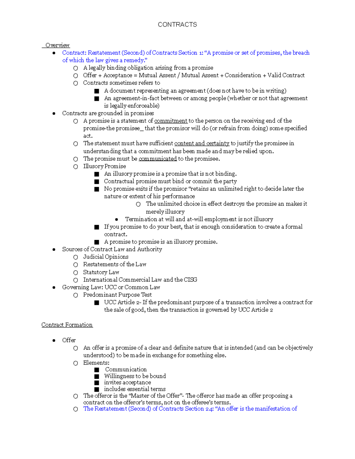 Contracts 1- Fall 2021 Outline - CONTRACTS Overview Contract ...