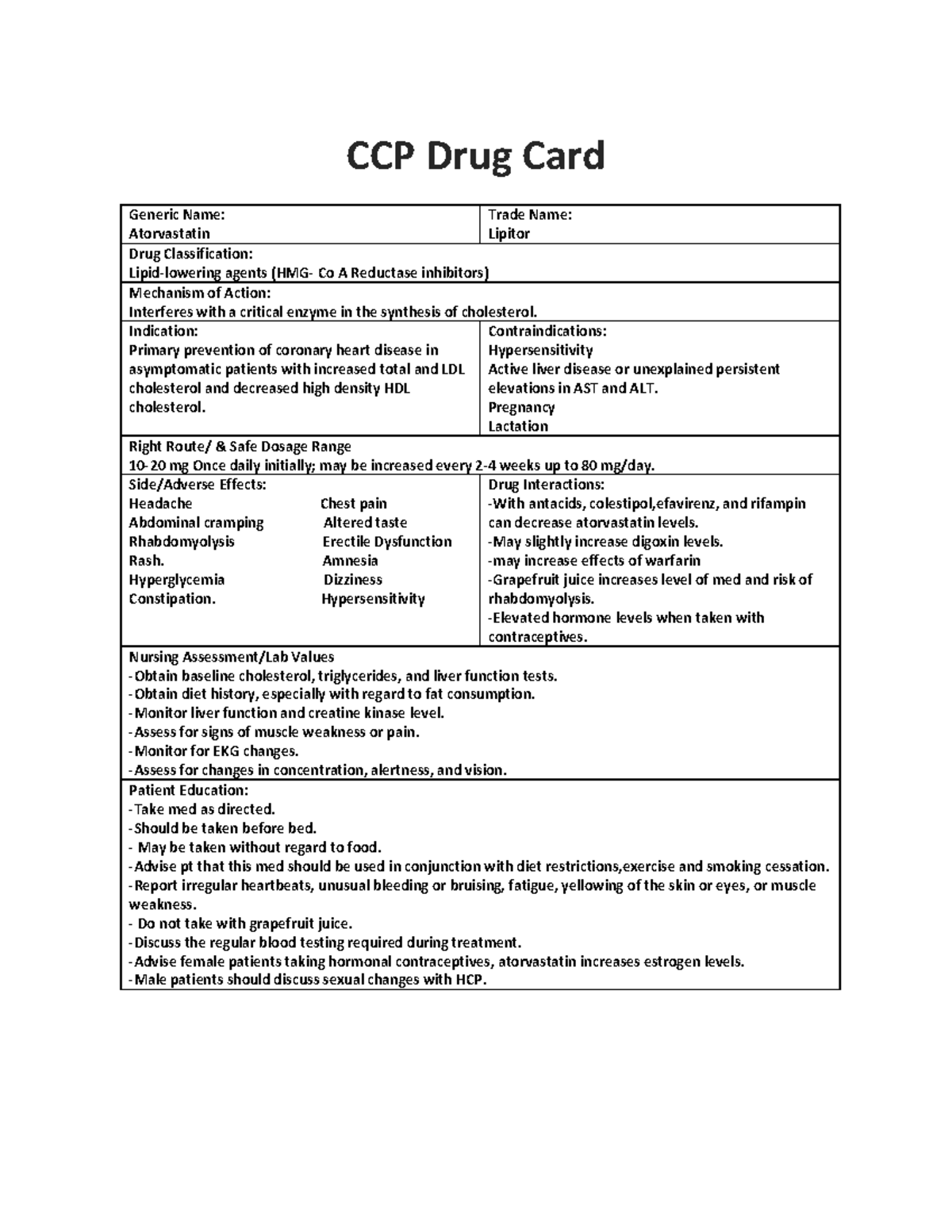 Atorvastatin - .... - CCP Drug Card Generic Name: Atorvastatin Trade ...