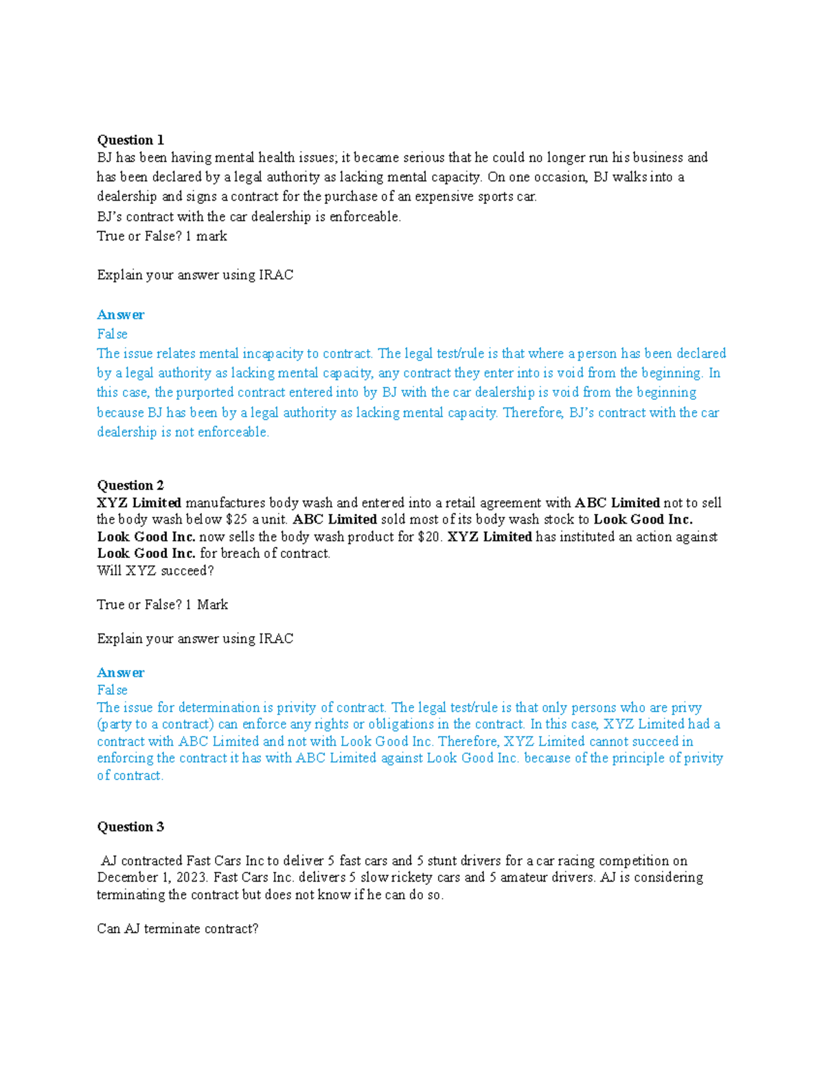 Answers to Sample Questions - Question 1 BJ has been having mental ...