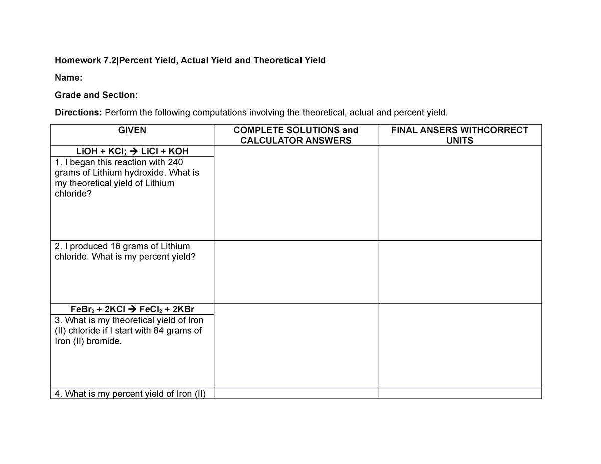 Homework 7.2 limiting and excess reactant - Homework 7|Percent Yield ...