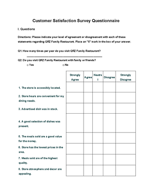 Hotel Customer Satisfaction Survey Questionnaire - Safety Culture ...
