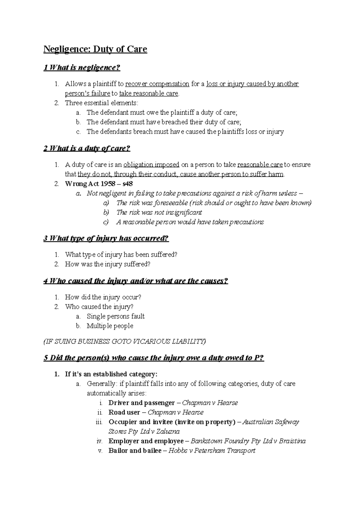 Negligence Notes - Summary Torts Law - Negligence: Duty of Care 1 What ...