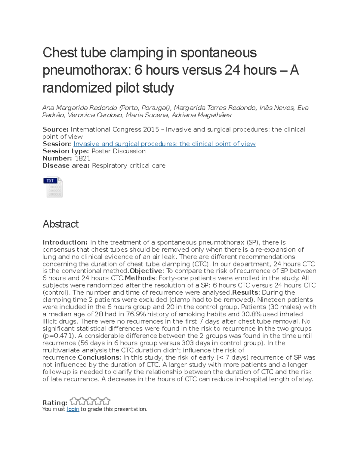 6 hours versus 24 hours A randomized pilot study Chest tube