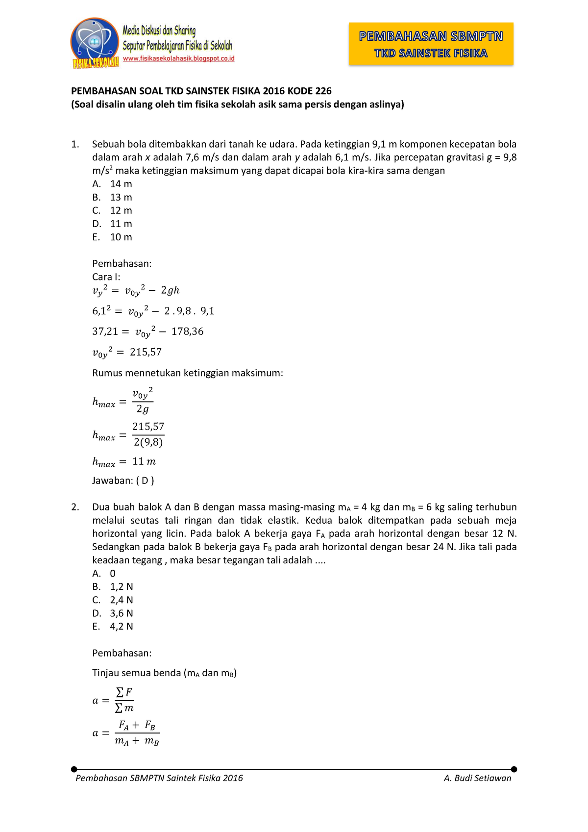 Pembahasan SOAL Sainstek Fisika 2016 KODE 226 - PEMBAHASAN SOAL TKD ...