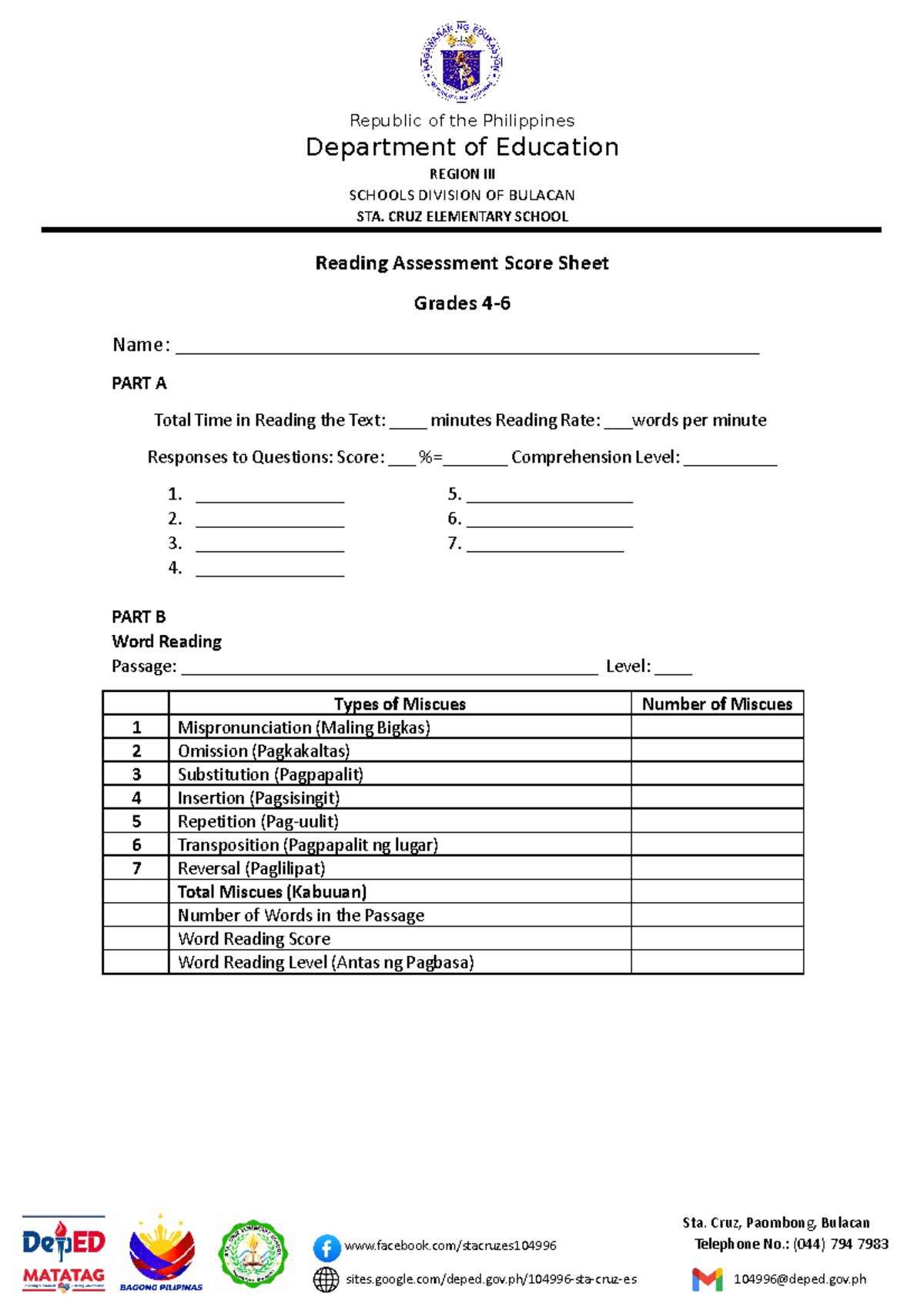 Reading Assessment Score Sheet Grades 4 6 - Republic of the Philippines ...