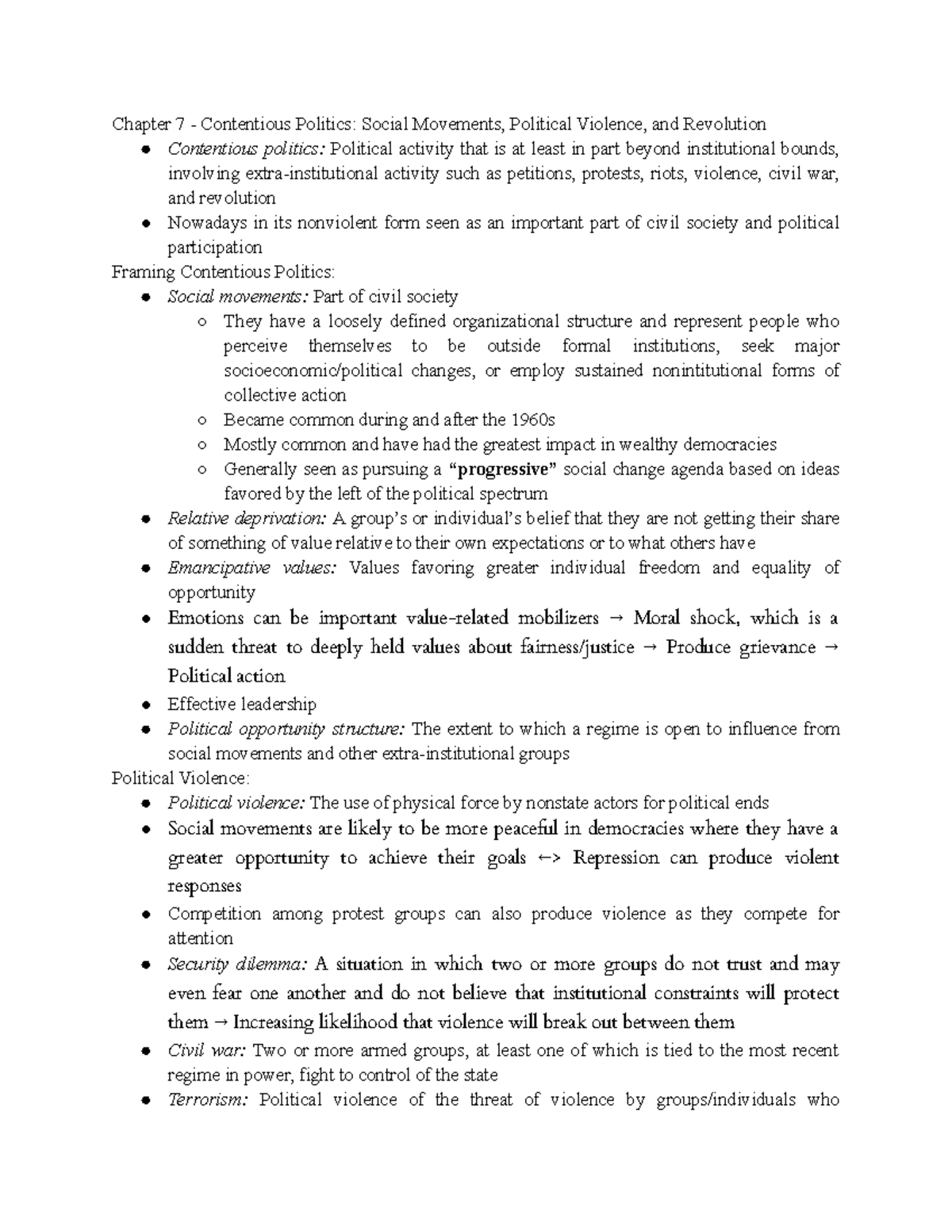 P.S. Ch 7 - Lecture notes Orvis Ch7 - Chapter 7 - Contentious Politics ...
