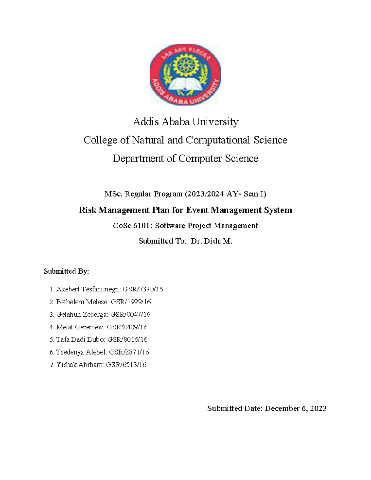 Final Version for Risk Management Plan - Addis Ababa University College ...