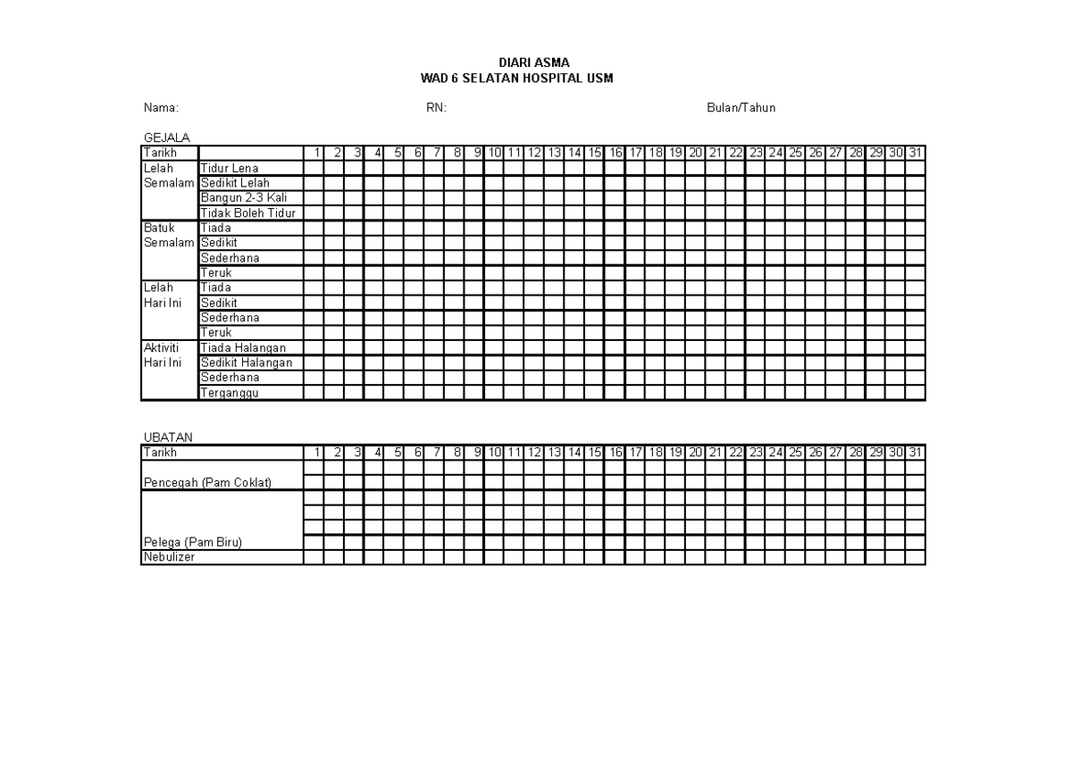 Asthma diary pdf - Nama: RN: Bulan/Tahun GEJALA Tarikh 1 2 3 4 5 6 7 8 ...