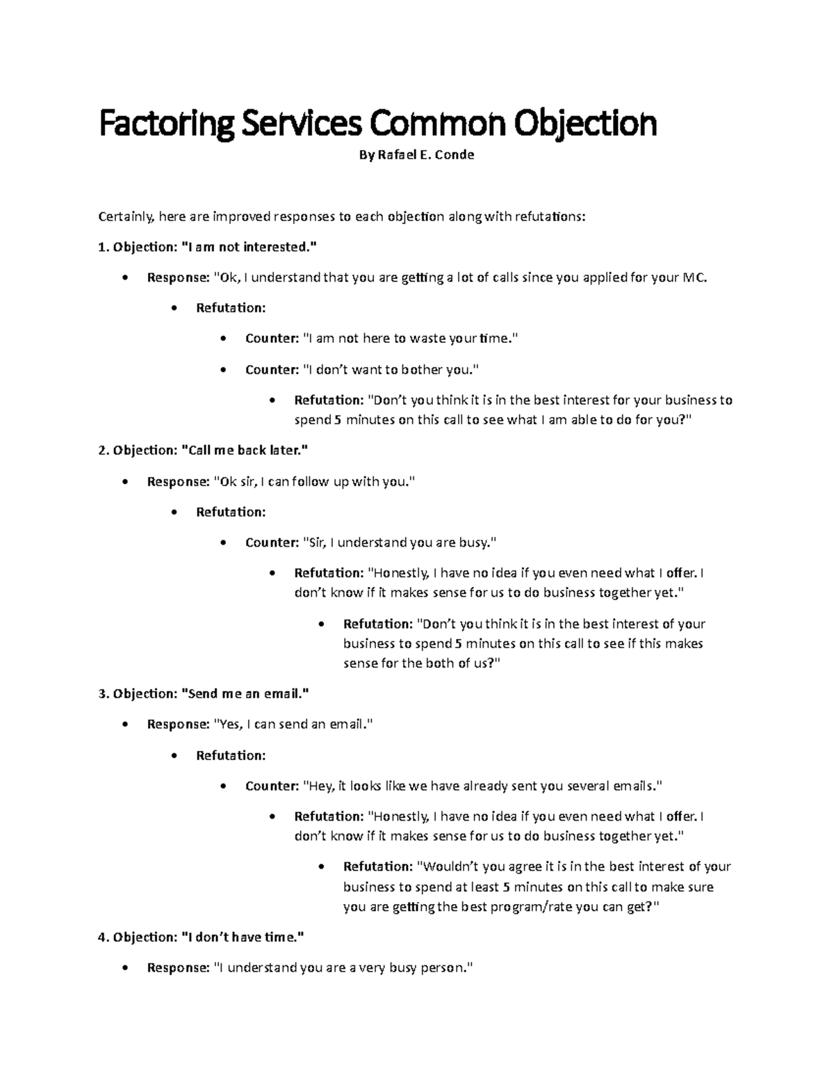 Factoring Services Common Objection - Conde Certainly, here are ...