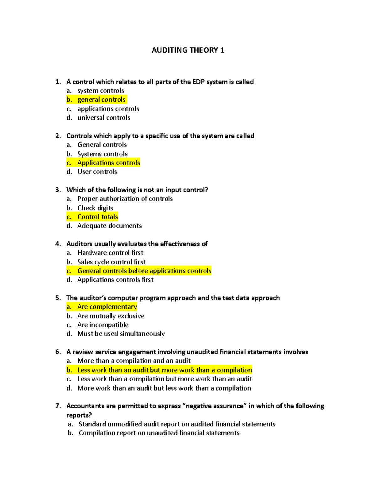 Auditing Theory 1 - IT HAS MULTIPLE CHOICE QUESTION WITH ANSWER ...