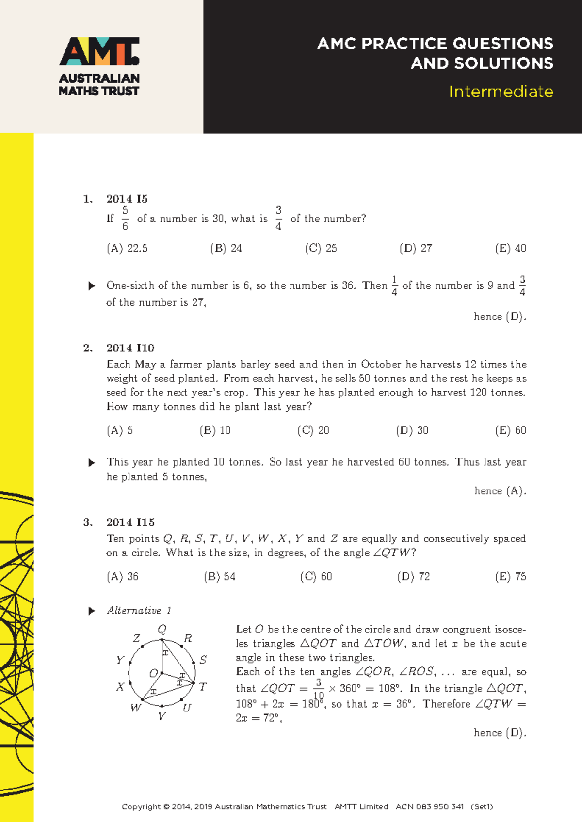 AMC practice problems solutions Set1 Intermediate yr9 10 - 1. 2014 I If ...