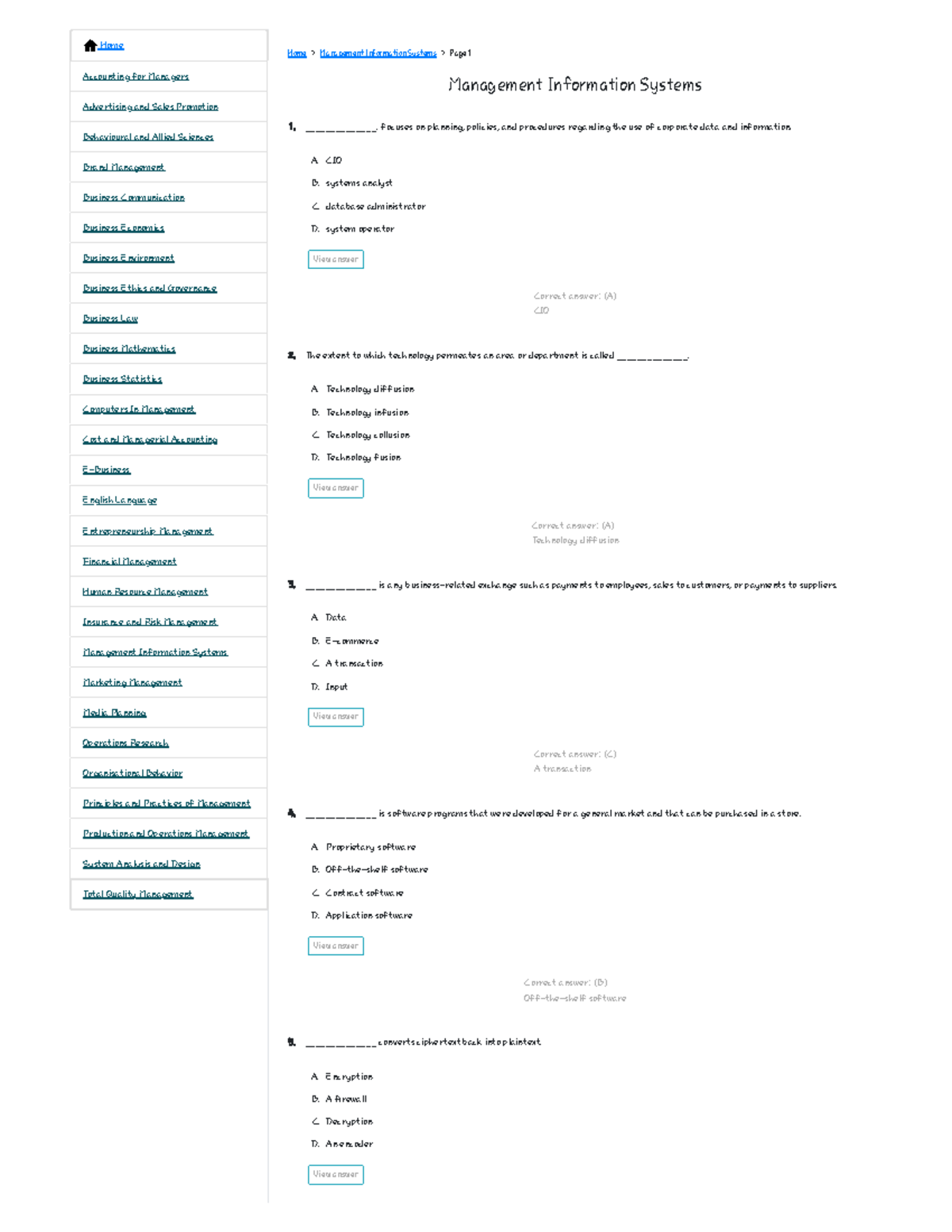Management Information Systems Multiple choice Questions and Answers. Page 1 Home > Management