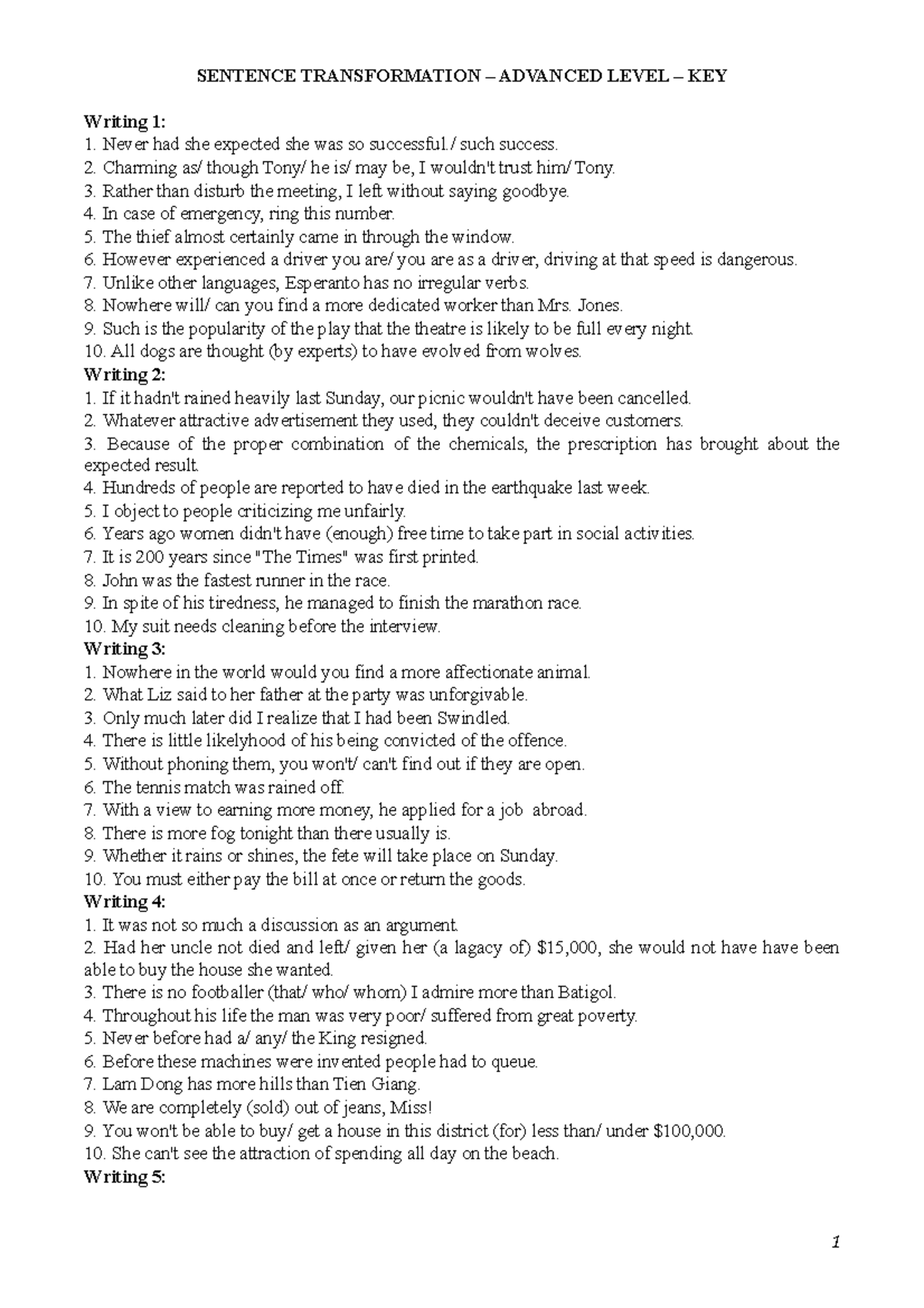 Sentence Transformation – Advanced Level - KEY - SENTENCE ...