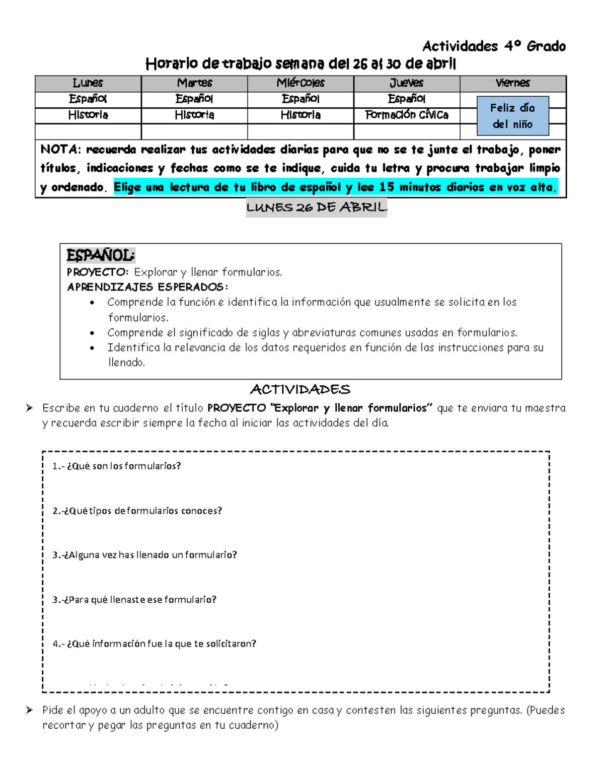 Semana del 26 AL 30 DE Abril plan de trabajo - Horario de trabajo ...