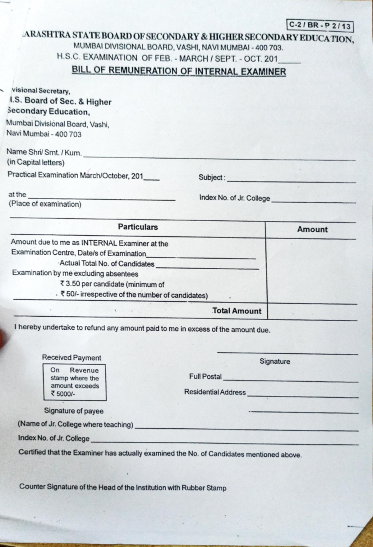 Practical bill - VBB - C-2/ BR -P 2/ ARASHTRA STATE BOARDOFSECONDARY ...