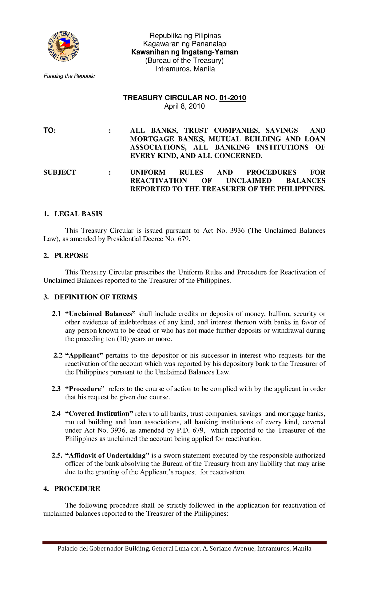 Treasury Circular On Reactivation - Juris Doctor - Studocu