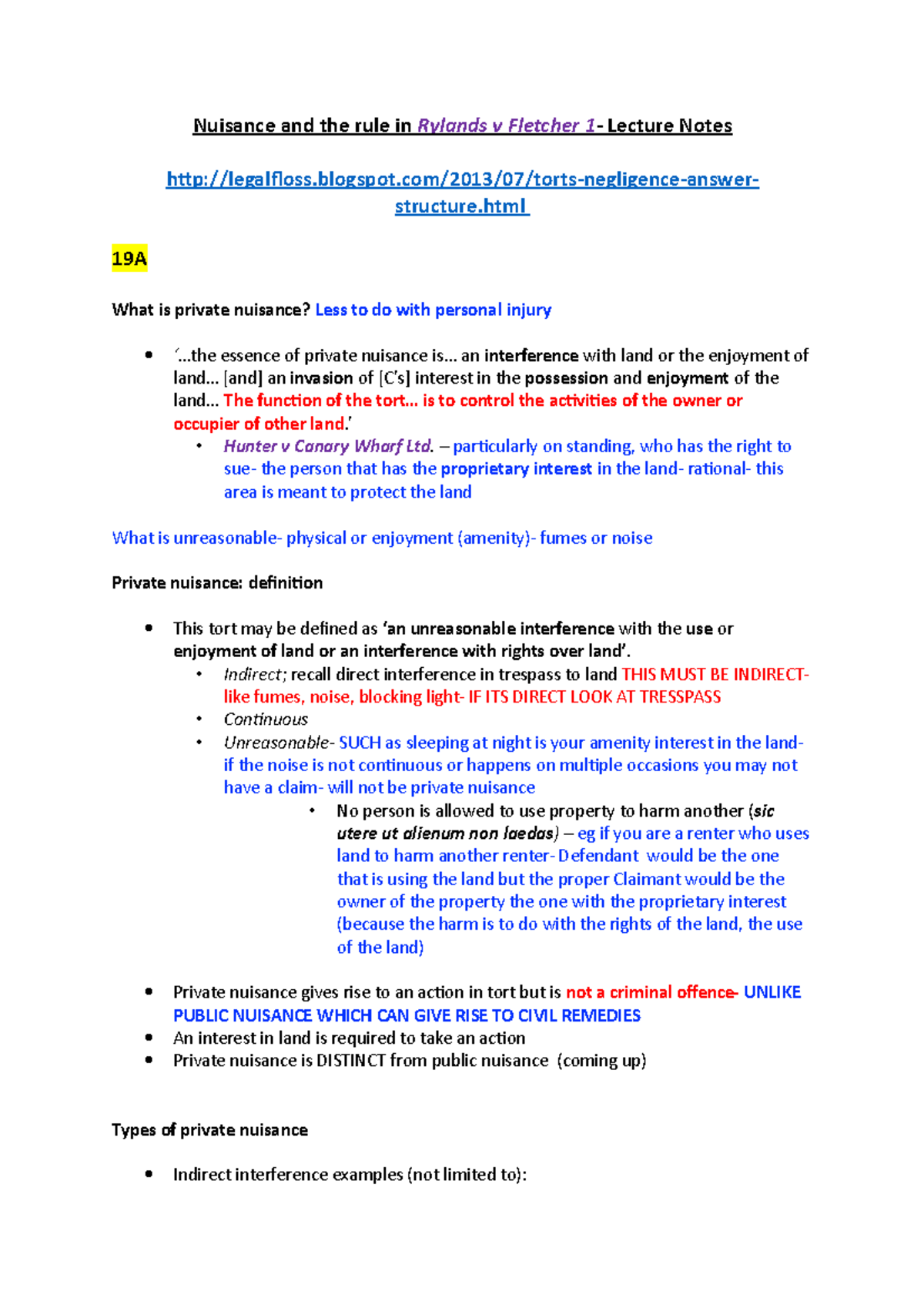Nuisance and the rule in Rylands v Fletcher 1- Lecture Notes - - Studocu
