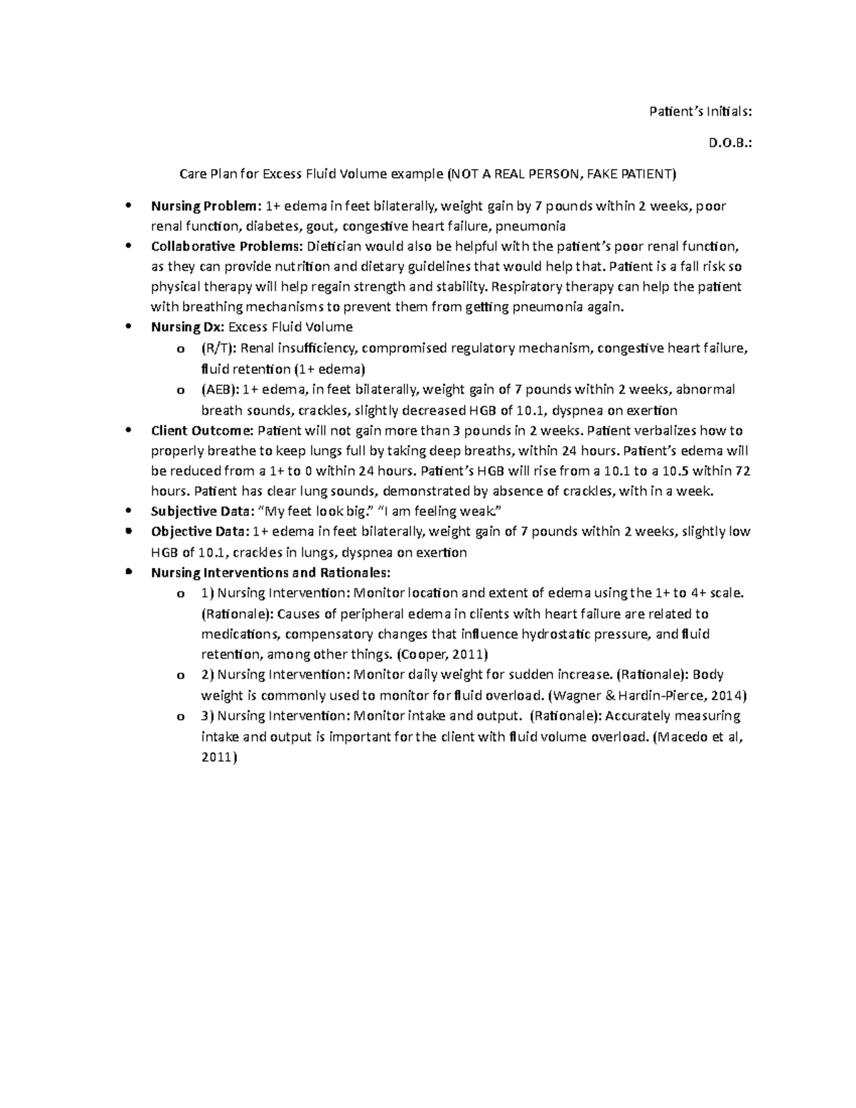 Care plan for excess fluid volume example StuDocu