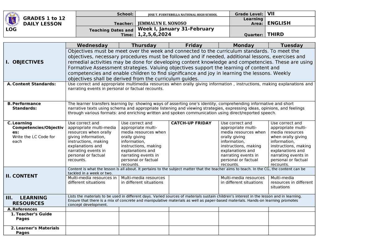 DLL 3rd Qrtr week-G7 - DLL - GRADES 1 to 12 DAILY LESSON LOG School ...