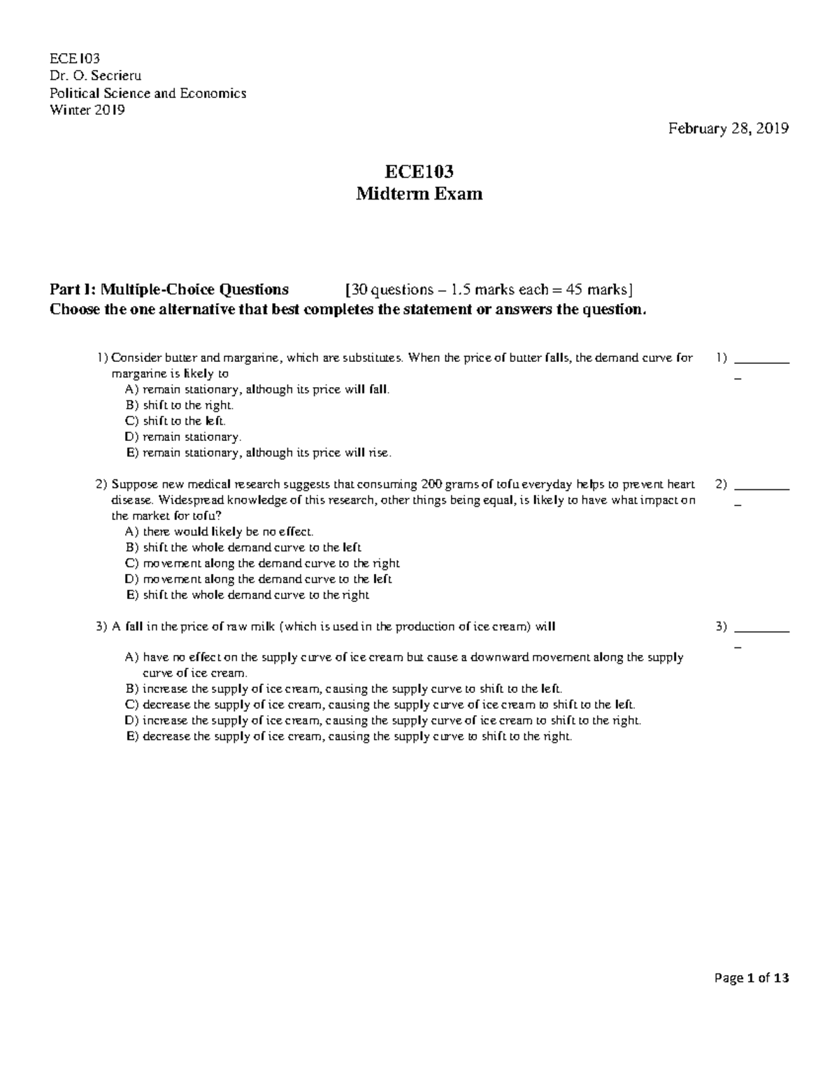 ECE103 Midterm Exam Winter 2019 - ECE Dr. O. Secrieru Political Science ...