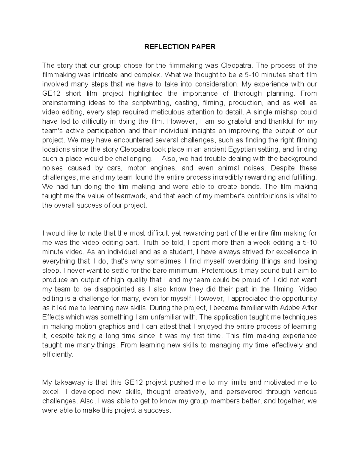 Reflection Paper - Notes - REFLECTION PAPER The story that our group ...