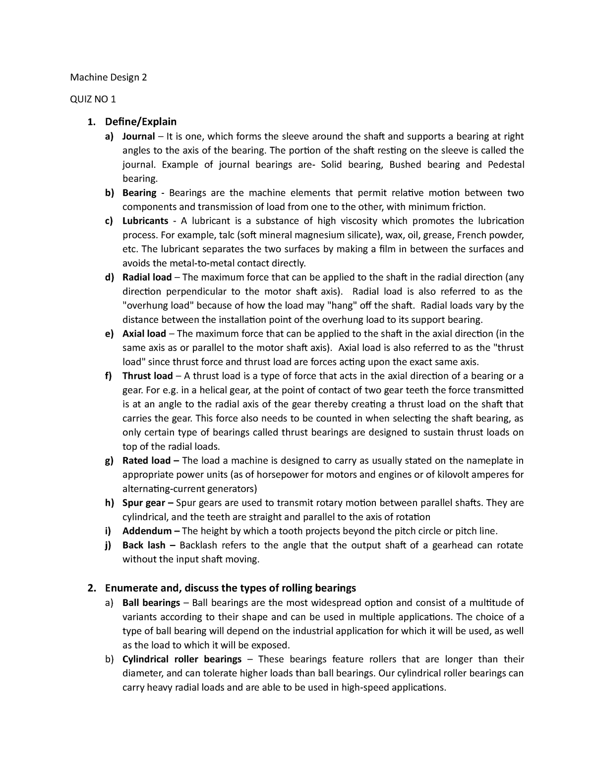 Machine Design 2- Quiz - Machine Design 2 Quiz No 1 1. Define Explain A 