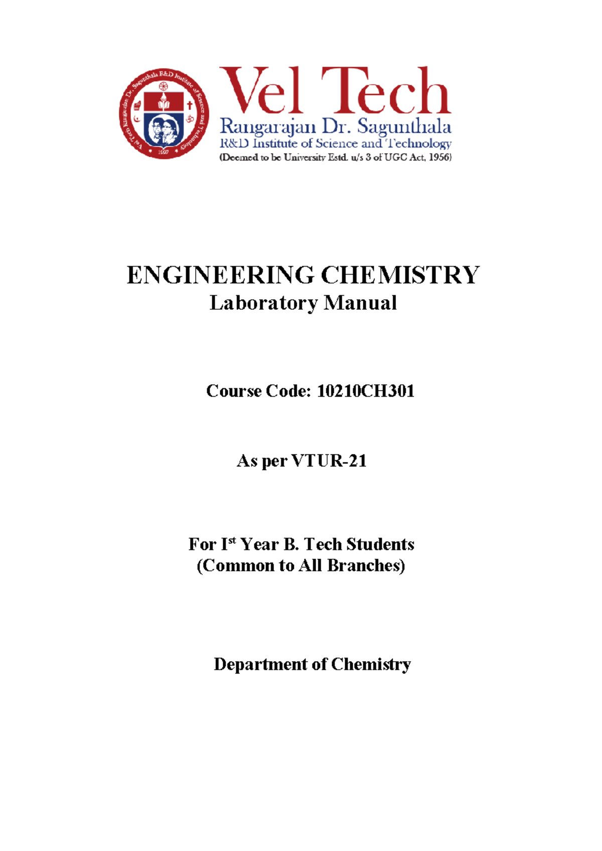 Engineering chemistry lab manual ENGINEERING CHEMISTRY Laboratory Manual Course Code 10210CH